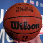 Jan 16, 2024; Inglewood, California, USA; A NBA official Wilson game ball with the 2026 NBA All-Star Game logo is displayed at a press conference at the Intuit Dome. Mandatory Credit: Kirby Lee-USA TODAY Sports