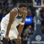 Dec 29, 2024; Minneapolis, Minnesota, USA; Minnesota Timberwolves guard Anthony Edwards (5) looks on against the San Antonio Spurs in the second half at Target Center. Mandatory Credit: Jesse Johnson-Imagn Images