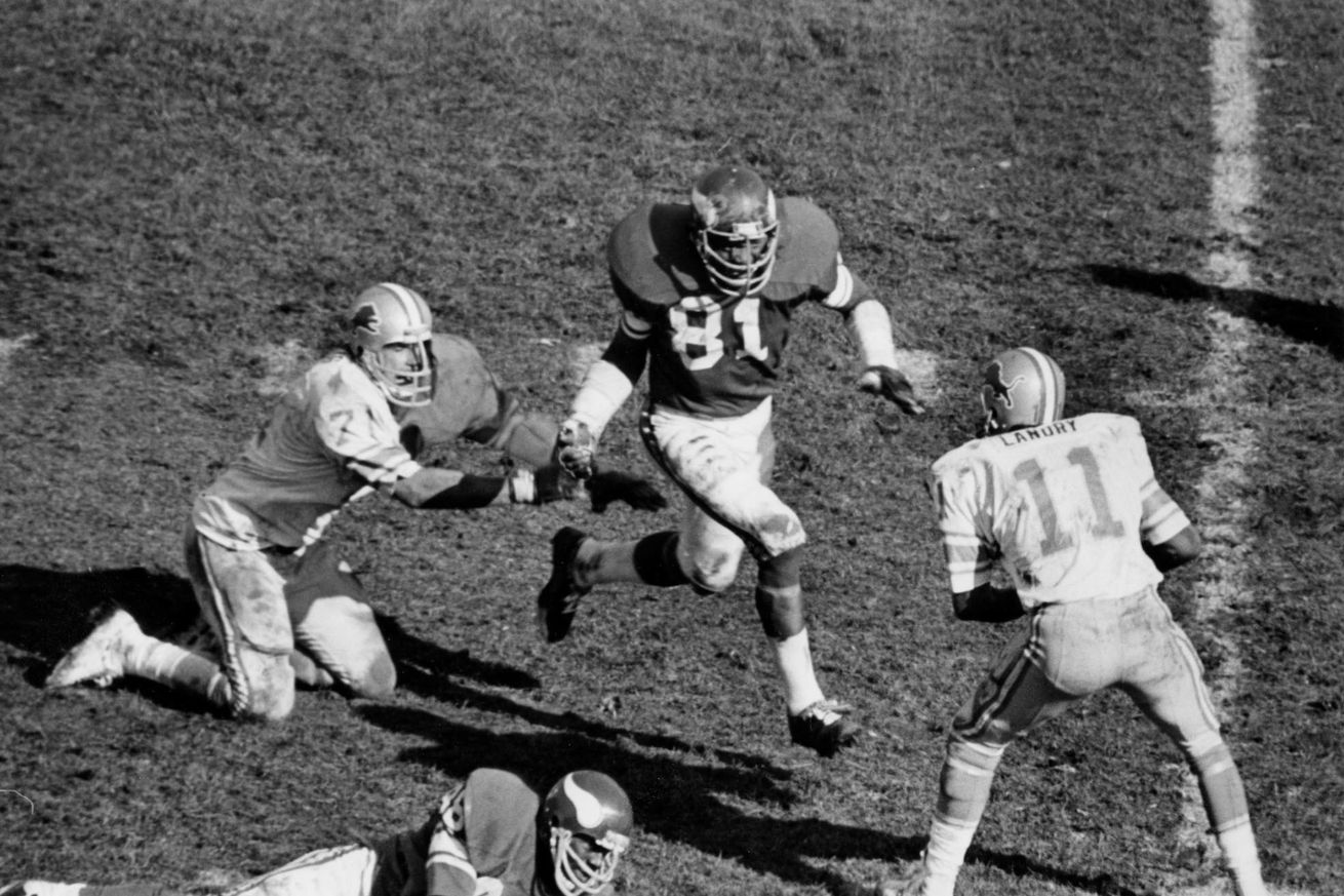Minnesota Vikings pro football star Carl Eller is shown in action against the Detroit Pistons, Oct 9, 1977. Carl Eller was selected January 31, 2004, for the Pro Football Hall of Fame. See article Sun Feb 1, 2004, page C1. Minneapolis Tribune (now Star Tr