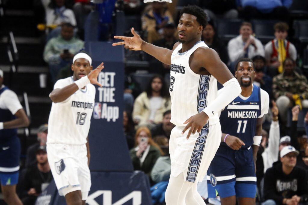 Feb 2, 2026; Memphis, Tennessee, USA; Memphis Grizzlies forward/center Jaren Jackson Jr. (8) reacts during the fourth quarter against the Minnesota Timberwolves at FedExForum. Mandatory Credit: Petre Thomas-Imagn Images